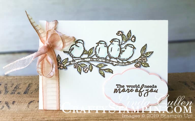 Greek Isles Achiever Blog Hop May 2019 | Stampin Up Demonstrator Linda Cullen | Crafty Stampin’ | Purchase your Stampin’ Up Supplies | Free as a bird stamp set | Very Vanilla Note Cards & Envelopes | Stampin’ Blends | Petal Pink 5/8” Organdy Striped Ribbon | Pretty Label Punch