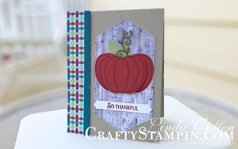 Stamp It Group 2019 Fall Ideas Blog Hop | Stampin Up Demonstrator Linda Cullen | Crafty Stampin’ | Purchase your Stampin’ Up Supplies | Harvest Hellos stamp set | Beauty & Joy Stamp Set | Gathered Leaves Dies | Detailed Deer Dies | Stitched Nested Labels Dies | Lakeside Dies | Apple Builder Punch | Come to Gather DSP