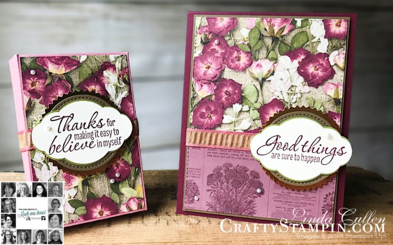 You Can Create It - International Inspiration - September 2019 | Stampin Up Demonstrator Linda Cullen | Crafty Stampin’ | Purchase your Stampin’ Up Supplies | Tasteful Textures Stamp Set | Pressed Petals Specialty Designer Series Paper | Copper Foil | Stitched Shapes Dies | Stitched Rectangle Dies | Rococo Rose Gathered Ribbon