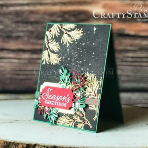 Stamp It Group 2019 Christmas/Holiday Blog Hop Paper Pumpkin Kit | Stampin Up Demonstrator Linda Cullen | Crafty Stampin’ | Purchase your Stampin’ Up Supplies | Peaceful Boughs Stamp Set | Frosted Bouquet Dies | Christmas Cardinal Dies | Beautiful Boughs Dies | Snowfall Accents Puff Paint | Gold Foil Sheets | Holiday Rhinestone Basic Jewels