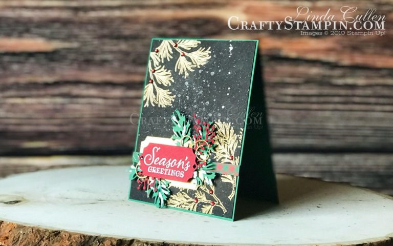 Stamp It Group 2019 Christmas/Holiday Blog Hop Paper Pumpkin Kit | Stampin Up Demonstrator Linda Cullen | Crafty Stampin’ | Purchase your Stampin’ Up Supplies | Peaceful Boughs Stamp Set | Frosted Bouquet Dies | Christmas Cardinal Dies | Beautiful Boughs Dies | Snowfall Accents Puff Paint | Gold Foil Sheets | Holiday Rhinestone Basic Jewels