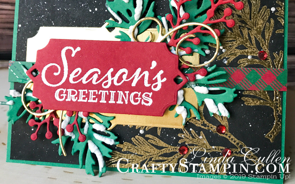 Stamp It Group 2019 Christmas/Holiday Blog Hop Paper Pumpkin Kit | Stampin Up Demonstrator Linda Cullen | Crafty Stampin’ | Purchase your Stampin’ Up Supplies | Peaceful Boughs Stamp Set | Frosted Bouquet Dies | Christmas Cardinal Dies | Beautiful Boughs Dies | Snowfall Accents Puff Paint | Gold Foil Sheets | Holiday Rhinestone Basic Jewels