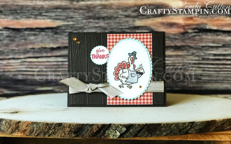 Birds of a Feather - Give Thanks | Stampin Up Demonstrator Linda Cullen | Crafty Stampin’ | Purchase your Stampin’ Up Supplies | Birds of a Feather Stamp Set | Layering Ovals Dies | Pinewood Planks 3D Embossing Folder | Holiday Rhinestones Basic Jewels