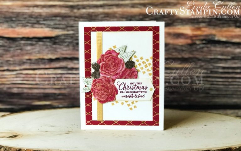 Christmastime is Here - Fill Your Heart With Warmth & Love | Stampin Up Demonstrator Linda Cullen | Crafty Stampin’ | Purchase your Stampin’ Up Supplies | Gather Together stamp set | Gathered Leaves Dies | Come to Gather Designer Series Paper | Brightly Gleaming Foil Elements | Holiday Rhinestone Basic Jewels