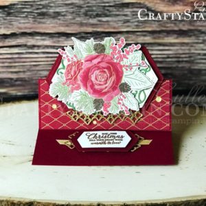 Christmastime Is Here - Easel Card | Stampin Up Demonstrator Linda Cullen | Crafty Stampin’ | Purchase your Stampin’ Up Supplies | Christmas Rose Stamp Set | Rose Dies | Christmastime Is Here Designer Series Paper | Gold 1/4” Shimmer Ribbon | Gold Glitter Enamel Dots