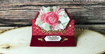 Christmastime Is Here - Easel Card | Stampin Up Demonstrator Linda Cullen | Crafty Stampin’ | Purchase your Stampin’ Up Supplies | Christmas Rose Stamp Set | Rose Dies | Christmastime Is Here Designer Series Paper | Gold 1/4” Shimmer Ribbon | Gold Glitter Enamel Dots