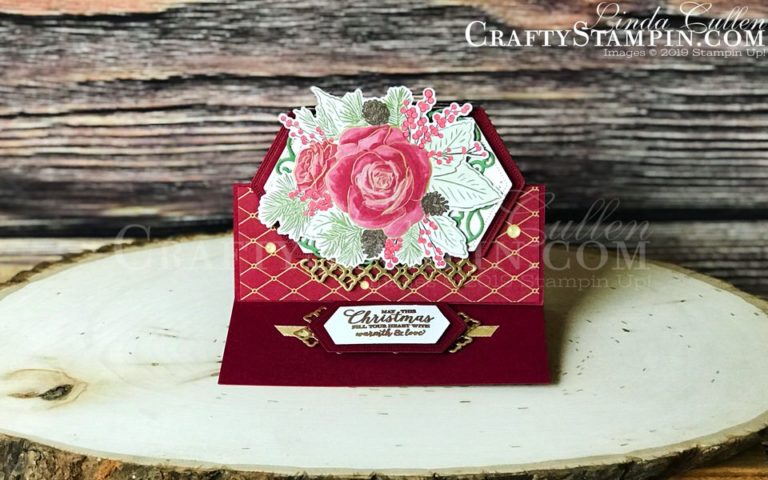 Christmastime Is Here - Easel Card | Stampin Up Demonstrator Linda Cullen | Crafty Stampin’ | Purchase your Stampin’ Up Supplies | Christmas Rose Stamp Set | Rose Dies | Christmastime Is Here Designer Series Paper | Gold 1/4” Shimmer Ribbon | Gold Glitter Enamel Dots