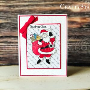 Holly Jolly Christmas Cheer | Stampin Up Demonstrator Linda Cullen | Crafty Stampin’ | Purchase your Stampin’ Up Supplies | Holly Jolly Stamp Set | Itty Bitty Christmas Stamp Set | Wrapped In Plaid Designer Series Paper | Jolly Seasons Dies | Stampin Blends | Eyelet Lace Embossing Folder | Real Red 3/8” Cotton Ribbon
