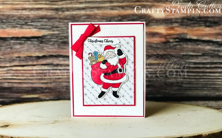 Holly Jolly Christmas Cheer | Stampin Up Demonstrator Linda Cullen | Crafty Stampin’ | Purchase your Stampin’ Up Supplies | Holly Jolly Stamp Set | Itty Bitty Christmas Stamp Set | Wrapped In Plaid Designer Series Paper | Jolly Seasons Dies | Stampin Blends | Eyelet Lace Embossing Folder | Real Red 3/8” Cotton Ribbon