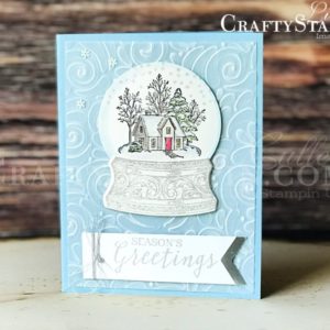 Still Scenes Snow Globe | Stampin Up Demonstrator Linda Cullen | Crafty Stampin’ | Purchase your Stampin’ Up Supplies | Still Scenes Stamp Set | Snow Globe Scenes Die | Snowflake Sequins | Silver Foil | Swirls & Curls Embossing Folder