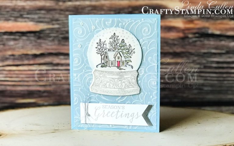 Still Scenes Snow Globe | Stampin Up Demonstrator Linda Cullen | Crafty Stampin’ | Purchase your Stampin’ Up Supplies | Still Scenes Stamp Set | Snow Globe Scenes Die | Snowflake Sequins | Silver Foil | Swirls & Curls Embossing Folder