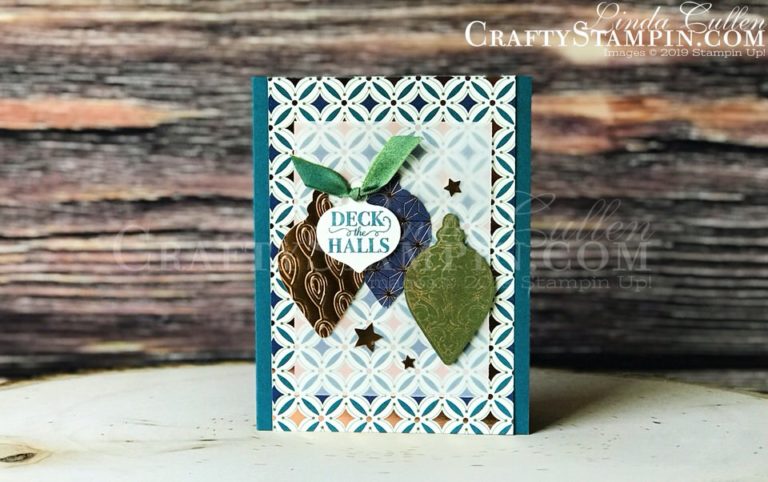 Christmas Gleaming Ornaments | Stampin Up Demonstrator Linda Cullen | Crafty Stampin’ | Purchase your Stampin’ Up Supplies | Christmas Gleaming stamp set | Brightly Gleaming Specialty Designer Series Paper | Gleaming Ornaments Punch Pack | Beads & Baubles Embossing Folder | Copper Foil Sheets | Old Olive / Pretty Peacock Reversible Ribbon