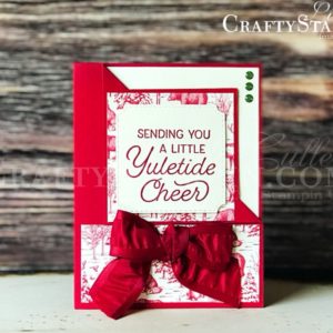 Frosted Foliage Toile Tidings | Stampin Up Demonstrator Linda Cullen | Crafty Stampin’ | Purchase your Stampin’ Up Supplies | Frosted Foliage Stamp Set | Frosted Frames Dies | Toile Tidings Designer Series Paper | Real Red 1/4” Ruched Ribbon | Toile Tidings Glitter Enamel Dots
