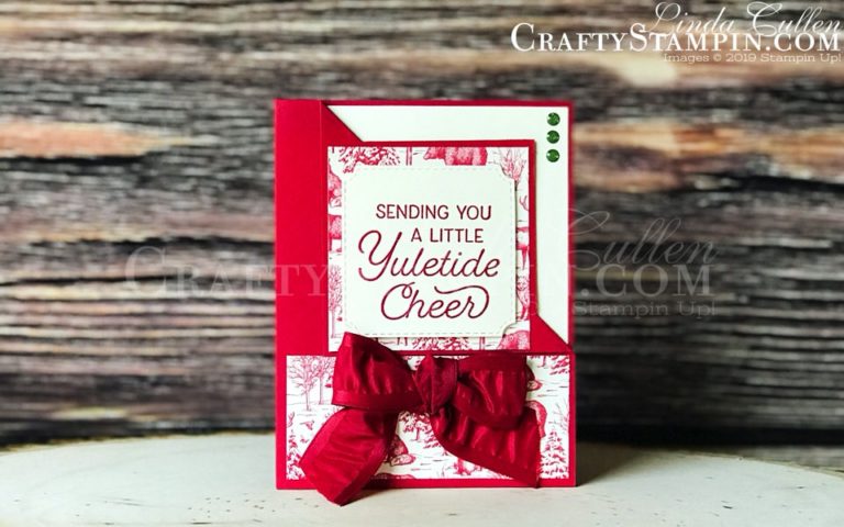 Frosted Foliage Toile Tidings | Stampin Up Demonstrator Linda Cullen | Crafty Stampin’ | Purchase your Stampin’ Up Supplies | Frosted Foliage Stamp Set | Frosted Frames Dies | Toile Tidings Designer Series Paper | Real Red 1/4” Ruched Ribbon | Toile Tidings Glitter Enamel Dots