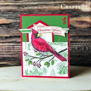 Toile Christmas Cardinal | Stampin Up Demonstrator Linda Cullen | Crafty Stampin’ | Purchase your Stampin’ Up Supplies | Toile Christmas Stamp Set | Toile Tidings Designer Series Paper | Christmas Cardinal Dies | Garden Green 3/8” Double-Stitched Ribbon | Toile Tidings Glitter Enamel Dots