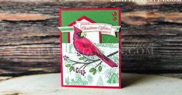 Toile Christmas Cardinal | Stampin Up Demonstrator Linda Cullen | Crafty Stampin’ | Purchase your Stampin’ Up Supplies | Toile Christmas Stamp Set | Toile Tidings Designer Series Paper | Christmas Cardinal Dies | Garden Green 3/8” Double-Stitched Ribbon | Toile Tidings Glitter Enamel Dots