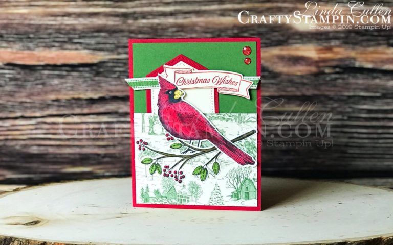 Toile Christmas Cardinal | Stampin Up Demonstrator Linda Cullen | Crafty Stampin’ | Purchase your Stampin’ Up Supplies | Toile Christmas Stamp Set | Toile Tidings Designer Series Paper | Christmas Cardinal Dies | Garden Green 3/8” Double-Stitched Ribbon | Toile Tidings Glitter Enamel Dots