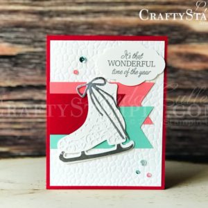 Free Skate Wonderful Year | Stampin Up Demonstrator Linda Cullen | Crafty Stampin’ | Purchase your Stampin’ Up Supplies | Free Skate Stamp Set | Detailed Skate dies | Hammered Metal 3D Embossing Folder | Pretty Label Punch | Woven Threads Sequin Assortment