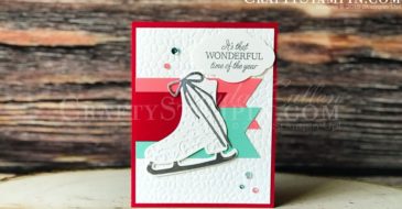 Free Skate Wonderful Year | Stampin Up Demonstrator Linda Cullen | Crafty Stampin’ | Purchase your Stampin’ Up Supplies | Free Skate Stamp Set | Detailed Skate dies | Hammered Metal 3D Embossing Folder | Pretty Label Punch | Woven Threads Sequin Assortment