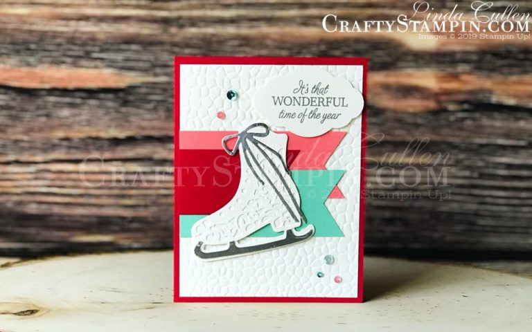 Free Skate Wonderful Year | Stampin Up Demonstrator Linda Cullen | Crafty Stampin’ | Purchase your Stampin’ Up Supplies | Free Skate Stamp Set | Detailed Skate dies | Hammered Metal 3D Embossing Folder | Pretty Label Punch | Woven Threads Sequin Assortment