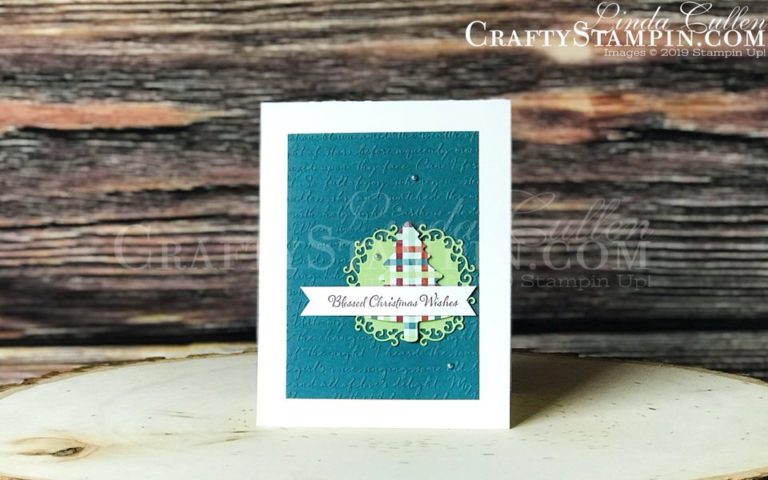 Itty Bitty Christmas - Ornate Christmas Tree | Stampin Up Demonstrator Linda Cullen | Crafty Stampin’ | Purchase your Stampin’ Up Supplies | Itty Bitty Christmas Stamp Set | Ornate Frames Dies | Pine Tree Punch | Scripty 3D Embossing Folder | Come To Gather Designer Series Paper | Metallic Pearls