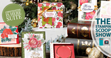Stampin Scoop Christmas Time I Here Suite | Stampin Up Demonstrator Linda Cullen | Crafty Stampin’ | Purchase your Stampin’ Up Supplies | Christmas Rose Stamp Set | Christmastime Is Here Specialty Designer Series Paper | Gold Foil | Rose Dies | Gold Shimmer Ribbon | Gold Enamel Dots