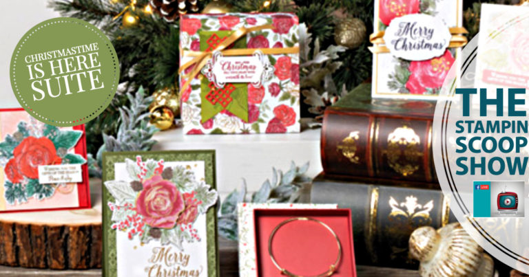 Stampin Scoop Christmas Time I Here Suite | Stampin Up Demonstrator Linda Cullen | Crafty Stampin’ | Purchase your Stampin’ Up Supplies | Christmas Rose Stamp Set | Christmastime Is Here Specialty Designer Series Paper | Gold Foil | Rose Dies | Gold Shimmer Ribbon | Gold Enamel Dots