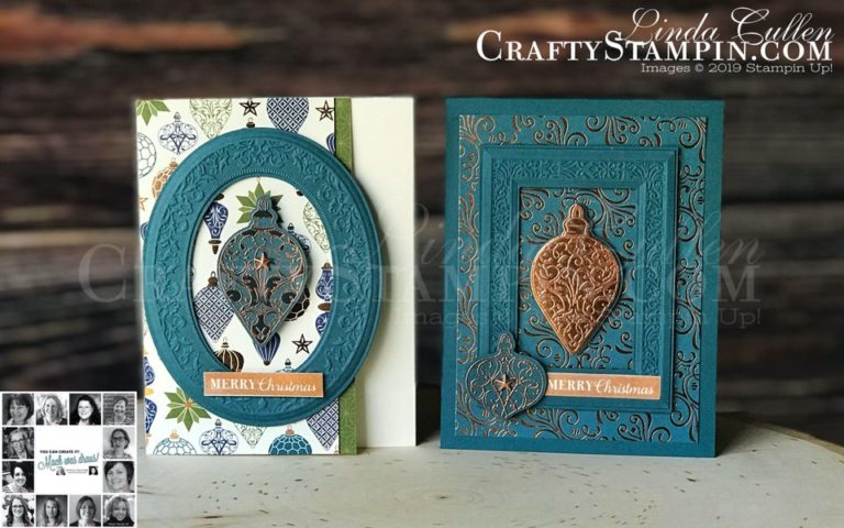 You Can Create It - International Inspiration - December 2019 | Stampin Up Demonstrator Linda Cullen | Crafty Stampin’ | Purchase your Stampin’ Up Supplies | Christmas Gleaming Stamp Set | Heirloom Frames Dies and 3D Embossing Folder | Star Designer Elements | Gleaming Ornaments Punch Pack | Brightly Gleaming Specialty Designer Series Paper | Copper Foil Sheets
