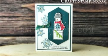 Lots of Cheer Snowman | Stampin Up Demonstrator Linda Cullen | Crafty Stampin’ | Purchase your Stampin’ Up Supplies | Lots of Cheer Stamp Set | Stitched Nested Labels Dies | Colorful Seasons Stamp Set | Old Olive / Pretty Peacock Reversible Ribbon
