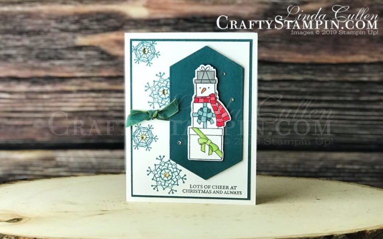 Lots of Cheer Snowman | Stampin Up Demonstrator Linda Cullen | Crafty Stampin’ | Purchase your Stampin’ Up Supplies | Lots of Cheer Stamp Set | Stitched Nested Labels Dies | Colorful Seasons Stamp Set | Old Olive / Pretty Peacock Reversible Ribbon