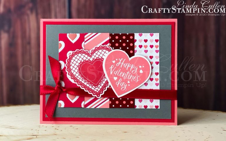 Heartfelt Valentines Day | Stampin Up Demonstrator Linda Cullen | Crafty Stampin’ | Purchase your Stampin’ Up Supplies | Heartfelt Stamp Set | From My Heart Specialty Designer Series Paper | Real Red 3/8” Double-Stitched Satin Ribbon | Heart Punch Pack |