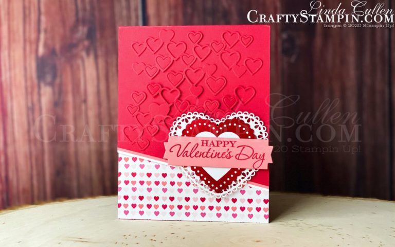 Stamp It Group 2020 Valentine's Day Blog Hop | Stampin Up Demonstrator Linda Cullen | Crafty Stampin’ | Purchase your Stampin’ Up Supplies | Heart to Heart Stamp Set | Detailed Hearts Die | Heart Punch Pack | From My Heart Specialty Designer Series Paper | Lakeside Dies | Heartfelt