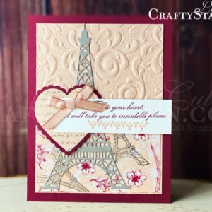 Parisian Beauty - Follow Your Heart | Stampin Up Demonstrator Linda Cullen | Crafty Stampin’ | Purchase your Stampin’ Up Supplies | Parisian Blossoms Suite | Parisian Beauty Stamp Set | Parisian Dies | Heart Punch Pack | Parisian Flourish 3D Embossing Folder | Parisian Blossoms Specialty Designer Series Paper | Petal Pink 1/4” Metallic-Edge Ribbon