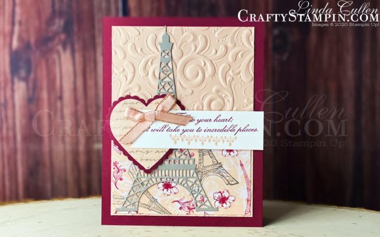 Parisian Beauty - Follow Your Heart | Stampin Up Demonstrator Linda Cullen | Crafty Stampin’ | Purchase your Stampin’ Up Supplies | Parisian Blossoms Suite | Parisian Beauty Stamp Set | Parisian Dies | Heart Punch Pack | Parisian Flourish 3D Embossing Folder | Parisian Blossoms Specialty Designer Series Paper | Petal Pink 1/4” Metallic-Edge Ribbon