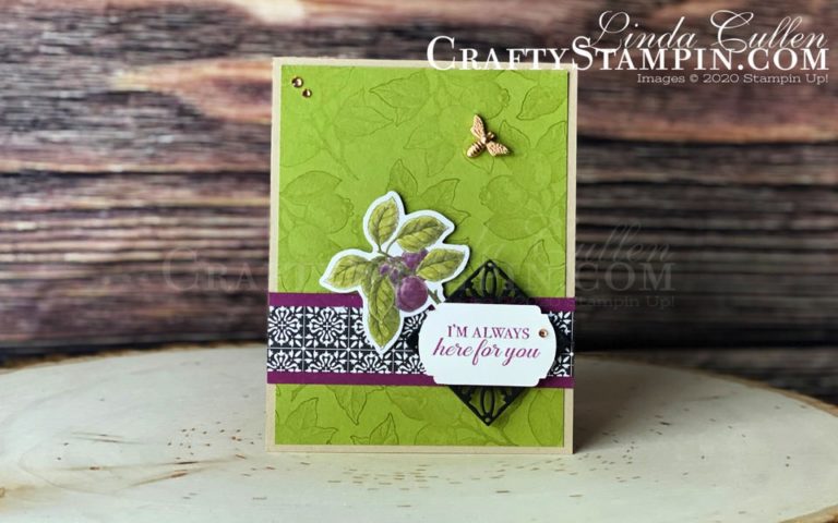 Stampin Scoop Botanical Prints Product Medley | Stampin Up Demonstrator Linda Cullen | Crafty Stampin’ | Purchase your Stampin’ Up Supplies | Botanical Prints Product Medley | Label Me Fancy Punch | Champagne Basic Rhinestones Jewels
