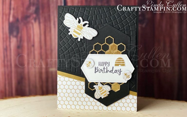 Stamp It Group 2020 Sale-a-bration Blog Hop | Stampin Up Demonstrator Linda Cullen | Crafty Stampin’ | Purchase your Stampin’ Up Supplies | Sending You Thoughts Stamp Set | Detailed Bee Dies | Stitched Nested Dies | 1/2” Circle Punch | Mosaic 3D Embossing Folder
