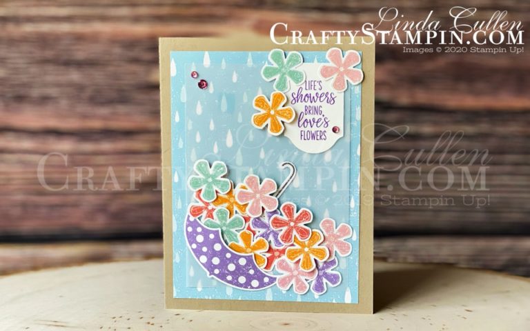 Under My Umbrella - Pleased As Punch | Stampin Up Demonstrator Linda Cullen | Crafty Stampin’ | Purchase your Stampin’ Up Supplies | Under My Umbrella Stamp Set | Pleased As Punch Designer Series Paper | Umbrella Builder Punch | Small Bloom Punch | Timeless Label Punch | Noble Peacock Rhinestones