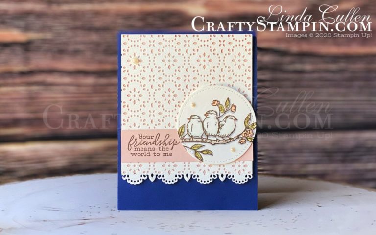 Coffee & Crafts Class: Modern Heart | Stampin Up Demonstrator Linda Cullen | Crafty Stampin’ | Purchase your Stampin’ Up Supplies | Free As A Bird Stamp Set | Stitched Lace Dies | Stitched Shapes Dies | Pearl Basic Jewels