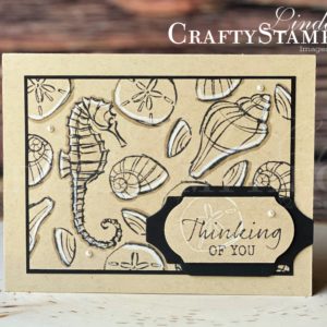 Coffee & Crafts Class: Seaside Notions Thinking of You | Stampin Up Demonstrator Linda Cullen | Crafty Stampin’ | Purchase your Stampin’ Up Supplies | Seaside Notions Stamp Set | Detailed Bands Dies | Timeless Label Punch | Pearl Basic Jewels | Watercolor Pencils