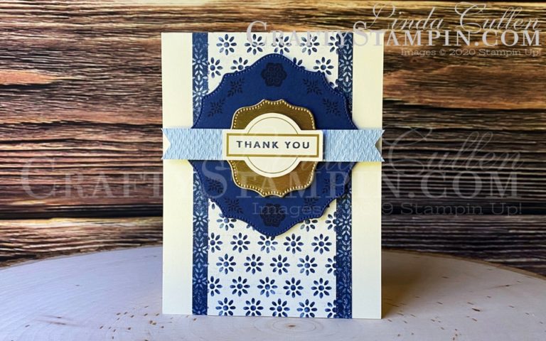 Boho Indigo Hippo Thank You | Stampin Up Demonstrator Linda Cullen | Crafty Stampin’ | Purchase your Stampin’ Up Supplies | Boho Indigo Product Medley Kit | Hippo & Friends Dies | Tasteful Textures 3D Embossing Folder | Banner Triple Punch