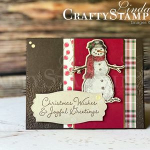Stamp It Group 2021 Christmas In July Blog Hop | Stampin Up Demonstrator Linda Cullen | Crafty Stampin’ | Purchase your Stampin’ Up Supplies |Snow Wonder stamp set | Poinsettia Place Designer Series Paper | Plaid Tidings Designer Series Paper | Brushed Metallic Cardstock | Snow Time Dies | Evergreen Forest 3D Embossing Folder | Gold Glitter Enamel Dots