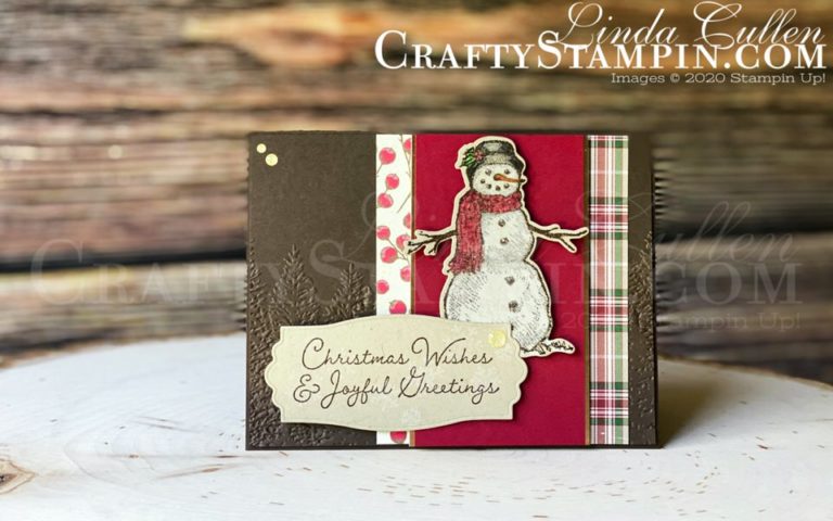 Stamp It Group 2021 Christmas In July Blog Hop | Stampin Up Demonstrator Linda Cullen | Crafty Stampin’ | Purchase your Stampin’ Up Supplies |Snow Wonder stamp set | Poinsettia Place Designer Series Paper | Plaid Tidings Designer Series Paper | Brushed Metallic Cardstock | Snow Time Dies | Evergreen Forest 3D Embossing Folder | Gold Glitter Enamel Dots
