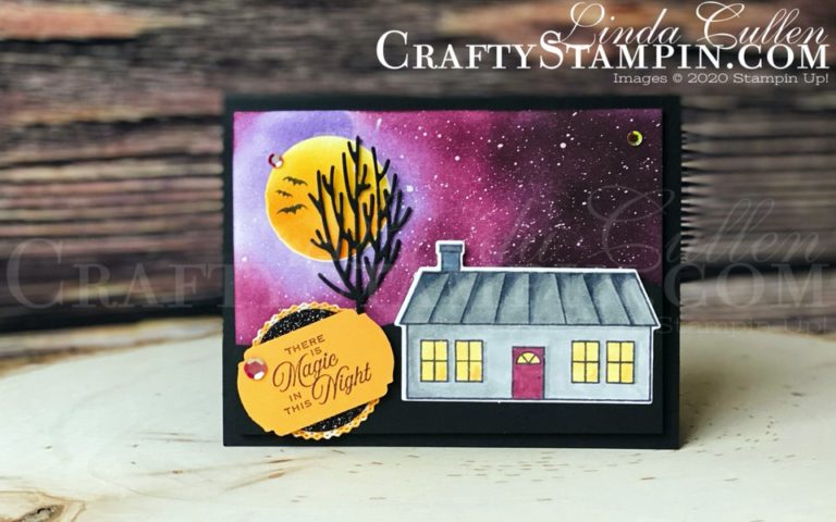 Stamp It Group 2020 Halloween Theme Blog Hop Coming Home | Stampin Up Demonstrator Linda Cullen | Crafty Stampin’ | Purchase your Stampin’ Up Supplies | Coming Home Stamp Set | Hallows Night Magic Stamp Set | Festive Post Stamp Set | Black Glitter paper | Home Together Dies | In The Woods Dies | Tasteful Labels Dies | Label Me Fancy Punch | Artistry Blooms Adhesive-Backed Sequins
