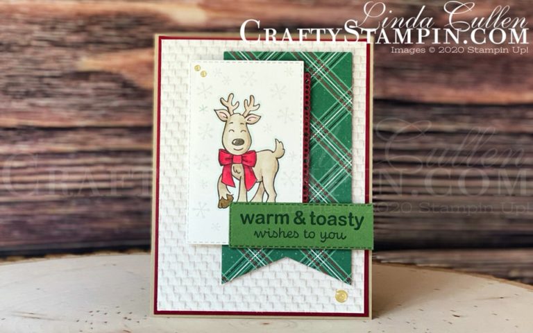 Coffee & Crafts: Warm & Toasty | Stampin Up Demonstrator Linda Cullen | Crafty Stampin’ | Purchase your Stampin’ Up Supplies | Warm & Toasty Stamp Set | In Good Taste Designer Series Paper | ’Tis The Season Designer Series Paper | Stampin’ Blends | Stitched Rectangle Dies | Ornate Borders Dies | Gold Glitter Enamel Dots