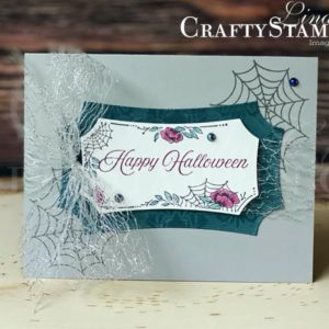 Hallows Night Magic Happy Halloween | Stampin Up Demonstrator Linda Cullen | Crafty Stampin’ | Purchase your Stampin’ Up Supplies | Halloween Magic Dies | Hallows Night Magic Stamp Set Set | Magic In This Night Designer Series Paper | Festive Corners Stamp Set | Stampin’ Blends | Metallic Mesh Ribbon | Iridescent Pearls