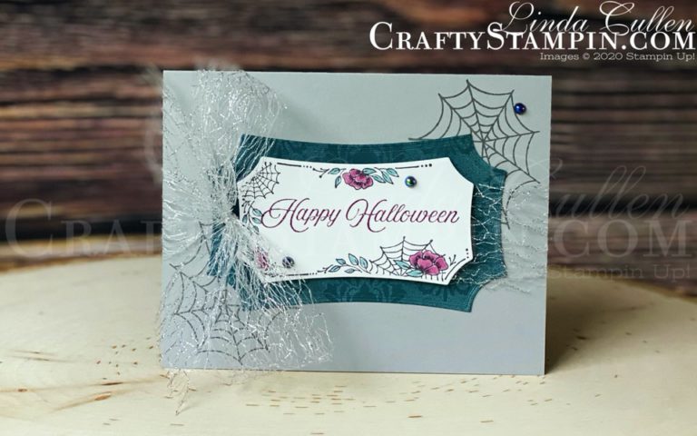 Hallows Night Magic Happy Halloween | Stampin Up Demonstrator Linda Cullen | Crafty Stampin’ | Purchase your Stampin’ Up Supplies | Halloween Magic Dies | Hallows Night Magic Stamp Set Set | Magic In This Night Designer Series Paper | Festive Corners Stamp Set | Stampin’ Blends | Metallic Mesh Ribbon | Iridescent Pearls