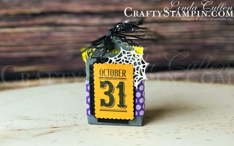 Festive Post Halloween Little Treat Box | Stampin Up Demonstrator Linda Cullen | Crafty Stampin’ | Purchase your Stampin’ Up Supplies | Halloween Magic Dies | Tasteful Labels Dies | Label Me Fancy Punch | Rectangle Postage Punch | Peek-a-Hoot Die | Little Treat Box Die | Festive Post Stamp Set