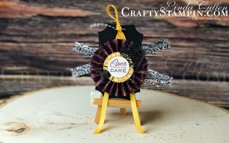 Hallows Night Magic Halloween Ornament | Stampin Up Demonstrator Linda Cullen | Crafty Stampin’ | Purchase your Stampin’ Up Supplies | Halloween Magic Dies | Hallows Night Magic Stamp Set | Plaid Tidings Designer Series Paper | Magic In This Night Designer Series Paper | Tasteful Labels Dies | Little Treats Dies | Peek-a-hoot Dies | Cobwebs 3D Embossing Folder | Bumblebee 1/4” Gingham Ribbon | Playful Pets Trim Combo Pack