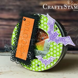 Festive Corners Halloween Round Candy Tin | Stampin Up Demonstrator Linda Cullen | Crafty Stampin’ | Purchase your Stampin’ Up Supplies | Halloween Magic Dies | Festive Corners Stamp Set | Round Tins | Layering Circles Die | Ornate layers Dies | Rectangle Stitched Dies | Iridescent Pearls | Black 3/8” Glittered Organdy Ribbon |