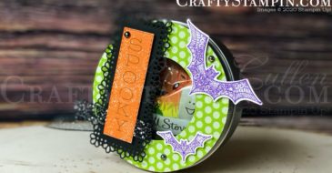 Festive Corners Halloween Round Candy Tin | Stampin Up Demonstrator Linda Cullen | Crafty Stampin’ | Purchase your Stampin’ Up Supplies | Halloween Magic Dies | Festive Corners Stamp Set | Round Tins | Layering Circles Die | Ornate layers Dies | Rectangle Stitched Dies | Iridescent Pearls | Black 3/8” Glittered Organdy Ribbon |